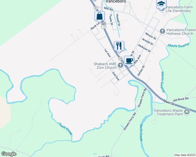 map of restaurants, bars, coffee shops, grocery stores, and more near 224 College Street in Vanceboro