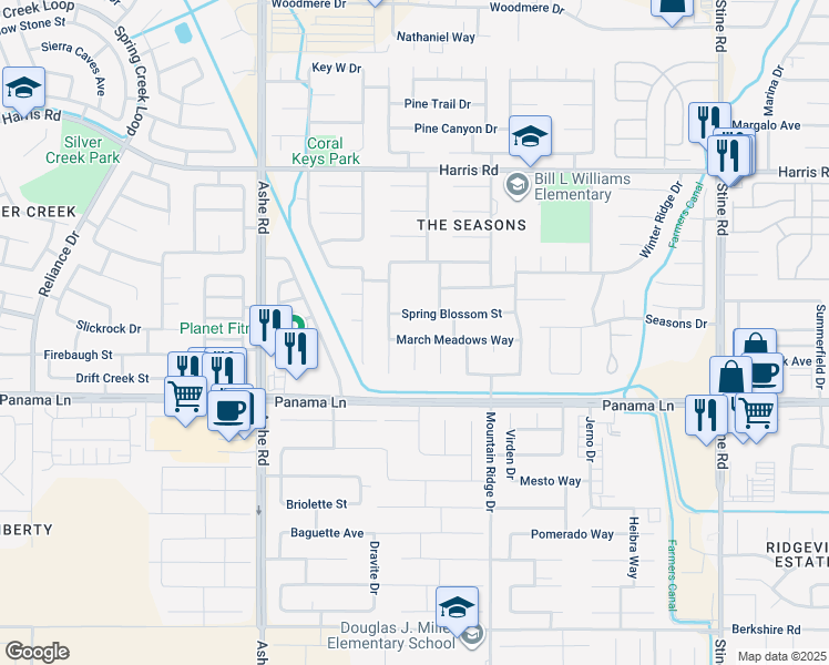map of restaurants, bars, coffee shops, grocery stores, and more near 6000 March Meadows Way in Bakersfield