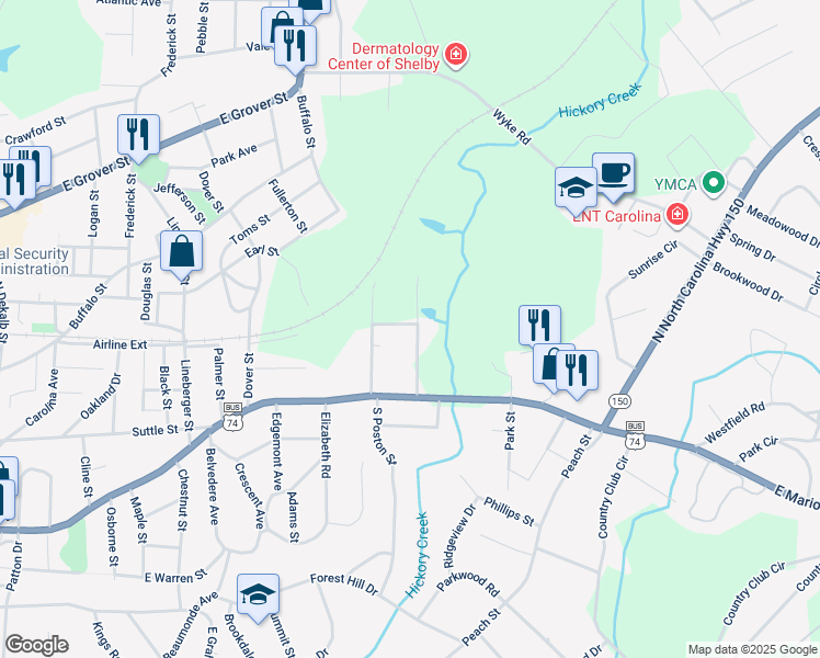 map of restaurants, bars, coffee shops, grocery stores, and more near 1012 Wesley Street in Shelby