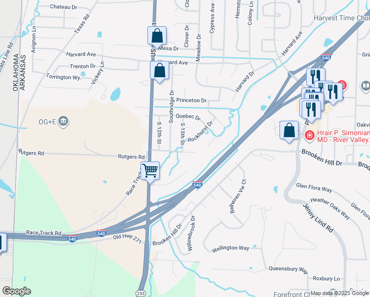 map of restaurants, bars, coffee shops, grocery stores, and more near 9104 South 15th Street in Fort Smith