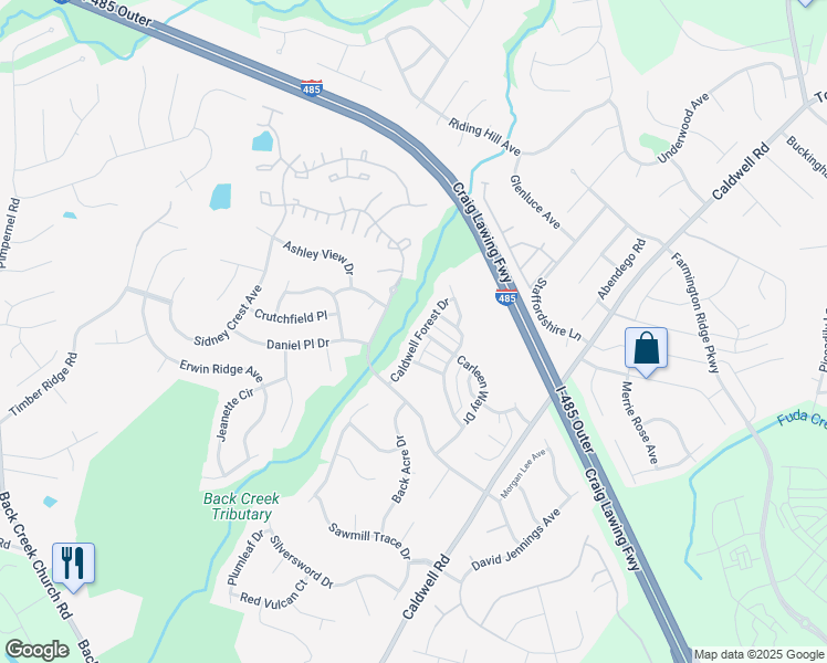 map of restaurants, bars, coffee shops, grocery stores, and more near 10218 Caldwell Forest Drive in Charlotte