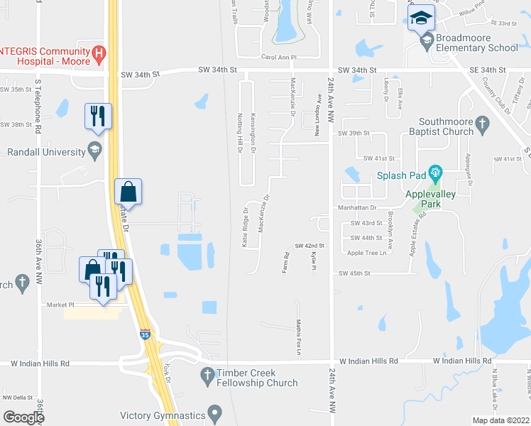 map of restaurants, bars, coffee shops, grocery stores, and more near 4304 Mackenzie Drive in Moore