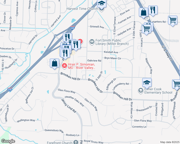 map of restaurants, bars, coffee shops, grocery stores, and more near 2721 Brooken Oaks in Fort Smith