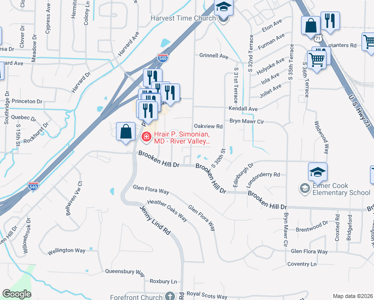 map of restaurants, bars, coffee shops, grocery stores, and more near 2721 Brooken Oaks in Fort Smith