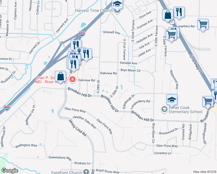 map of restaurants, bars, coffee shops, grocery stores, and more near 2906 Fairway Hamlet Court in Fort Smith