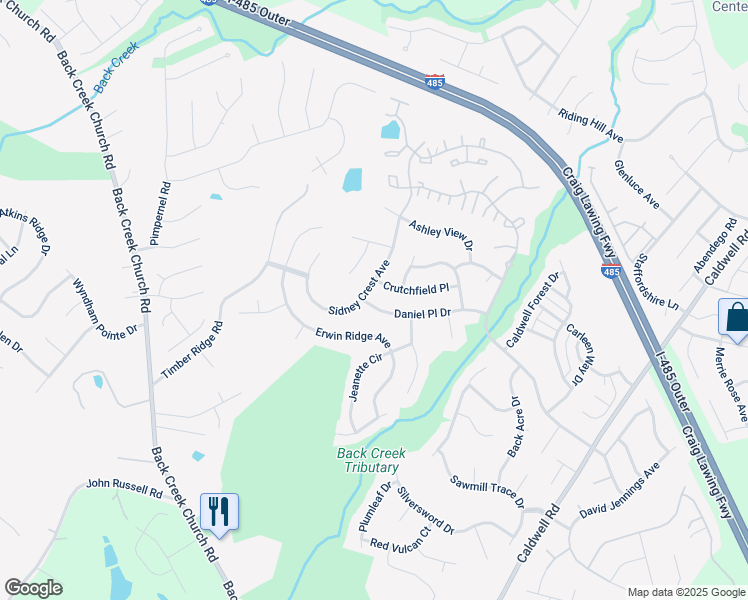 map of restaurants, bars, coffee shops, grocery stores, and more near 3309 Daniel Place Drive in Charlotte