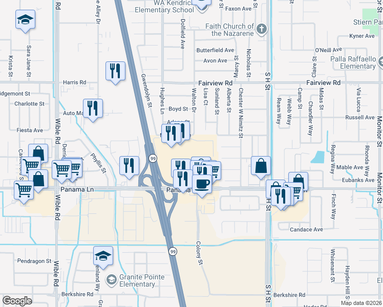 map of restaurants, bars, coffee shops, grocery stores, and more near 6200 Colony Street in Bakersfield