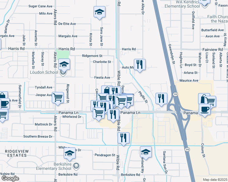 map of restaurants, bars, coffee shops, grocery stores, and more near 6201 Wible Road in Bakersfield