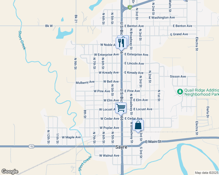 map of restaurants, bars, coffee shops, grocery stores, and more near 701 North 5th Street in Sayre