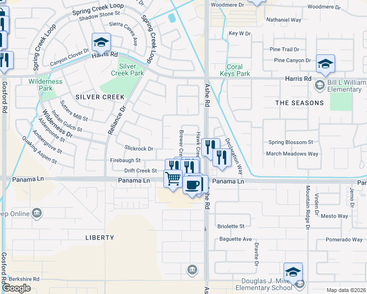 map of restaurants, bars, coffee shops, grocery stores, and more near 6629 Hanford Drive in Bakersfield