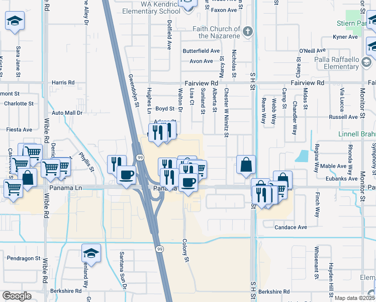map of restaurants, bars, coffee shops, grocery stores, and more near 6200 Colony Street in Bakersfield