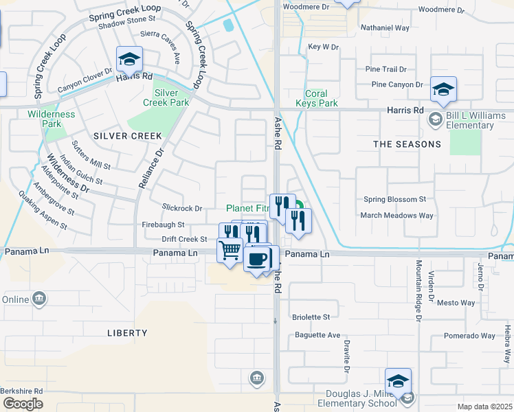 map of restaurants, bars, coffee shops, grocery stores, and more near 6609 Hanford Drive in Bakersfield