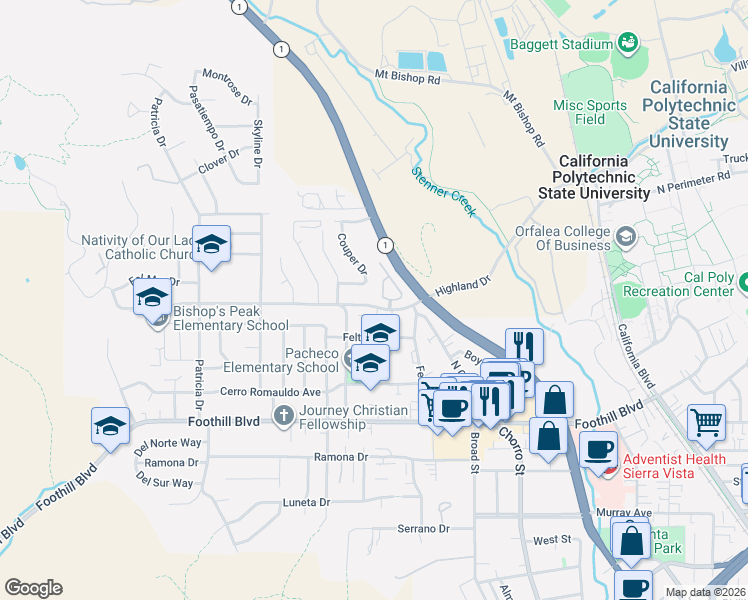 map of restaurants, bars, coffee shops, grocery stores, and more near 533 Highland Drive in San Luis Obispo