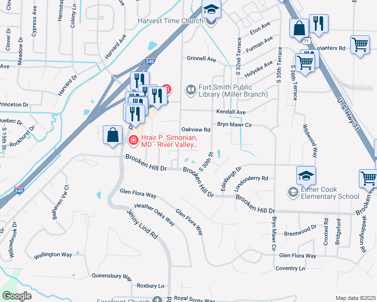 map of restaurants, bars, coffee shops, grocery stores, and more near 2906 Fairway Hamlet Court in Fort Smith