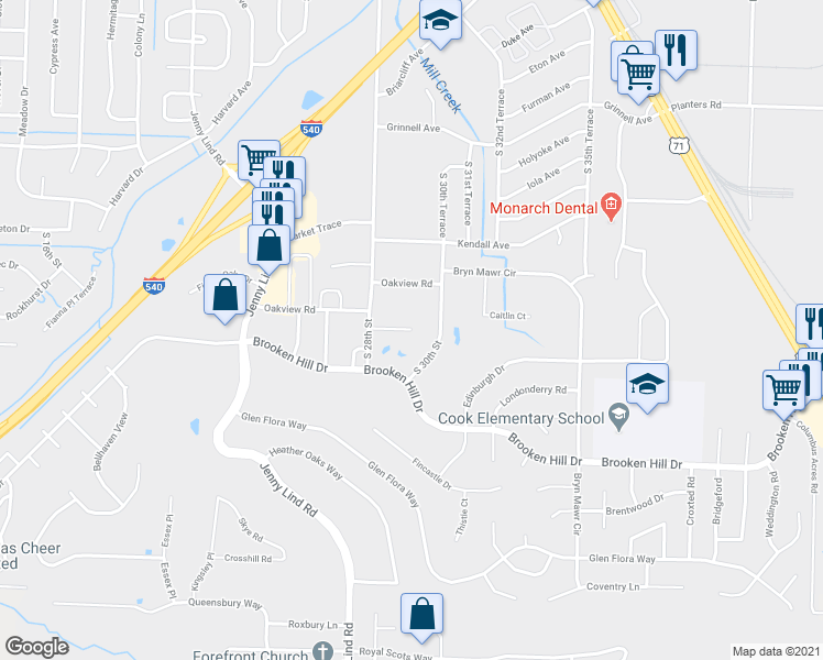 map of restaurants, bars, coffee shops, grocery stores, and more near 2914 Fairway Hamlet Court in Fort Smith