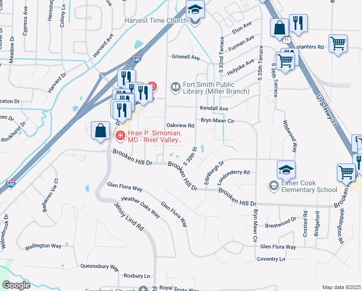 map of restaurants, bars, coffee shops, grocery stores, and more near 2906 Fairway Hamlet Court in Fort Smith