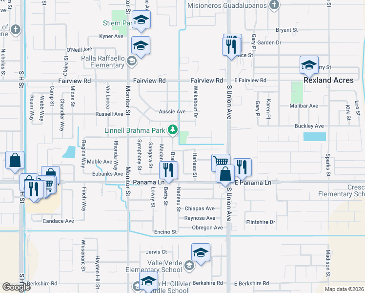 map of restaurants, bars, coffee shops, grocery stores, and more near 420 Linnell Way in Bakersfield
