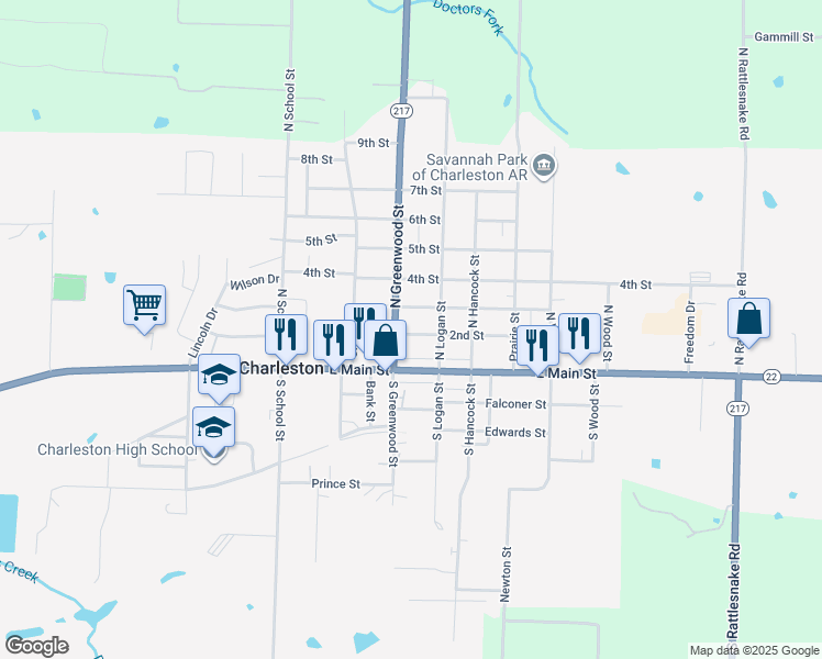 map of restaurants, bars, coffee shops, grocery stores, and more near 101 North Logan Street in Charleston