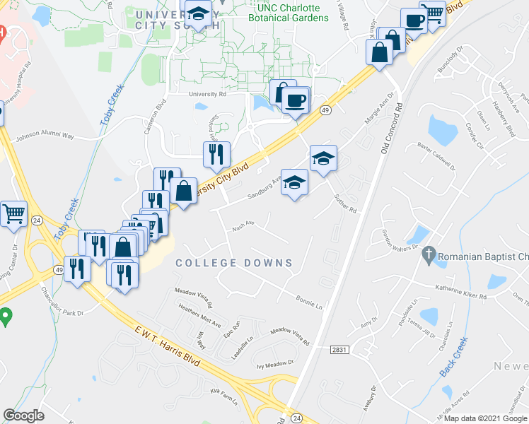 map of restaurants, bars, coffee shops, grocery stores, and more near 1210 Ogden Pl in Charlotte