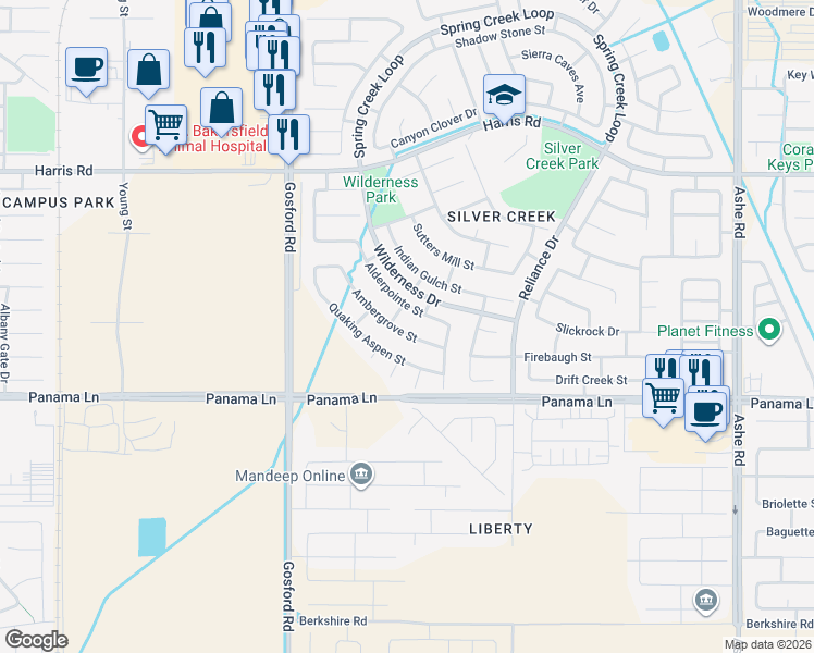 map of restaurants, bars, coffee shops, grocery stores, and more near 6408 Ambergrove Street in Bakersfield