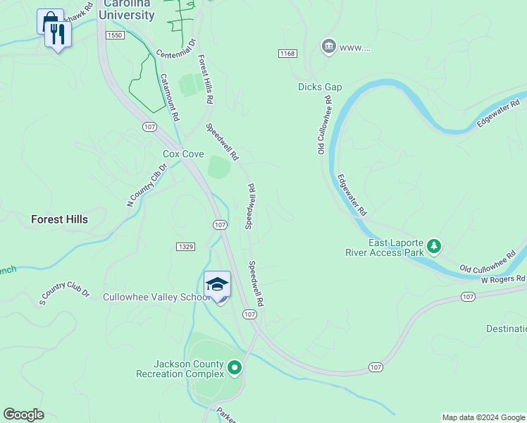 map of restaurants, bars, coffee shops, grocery stores, and more near 331 Peak Drive in Cullowhee