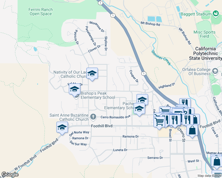 map of restaurants, bars, coffee shops, grocery stores, and more near 318 Highland Drive in San Luis Obispo