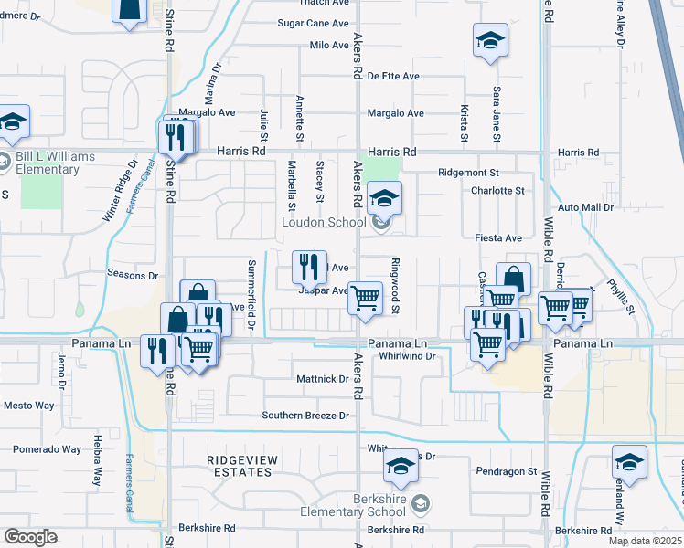 map of restaurants, bars, coffee shops, grocery stores, and more near 4200 Jaspar Avenue in Bakersfield