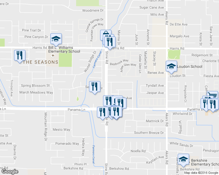 map of restaurants, bars, coffee shops, grocery stores, and more near 6204 Stine Road in Bakersfield