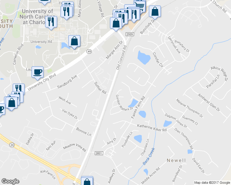map of restaurants, bars, coffee shops, grocery stores, and more near 1528 Gordon Walters Drive in Charlotte