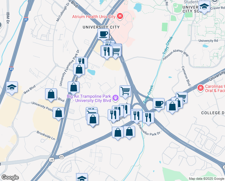 map of restaurants, bars, coffee shops, grocery stores, and more near 8400 Washington Boulevard in Charlotte