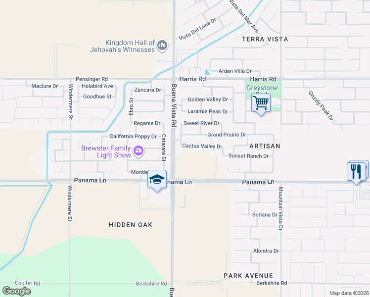 map of restaurants, bars, coffee shops, grocery stores, and more near 11123 Cactus Valley Drive in Bakersfield