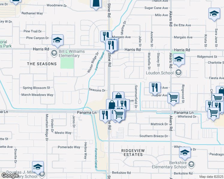 map of restaurants, bars, coffee shops, grocery stores, and more near 6108 Stine Road in Bakersfield