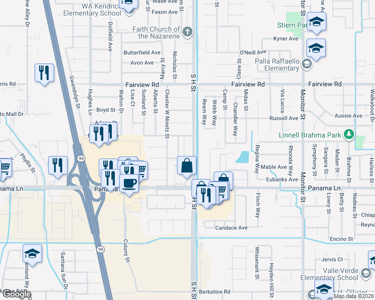 map of restaurants, bars, coffee shops, grocery stores, and more near 6205 South H Street in Bakersfield