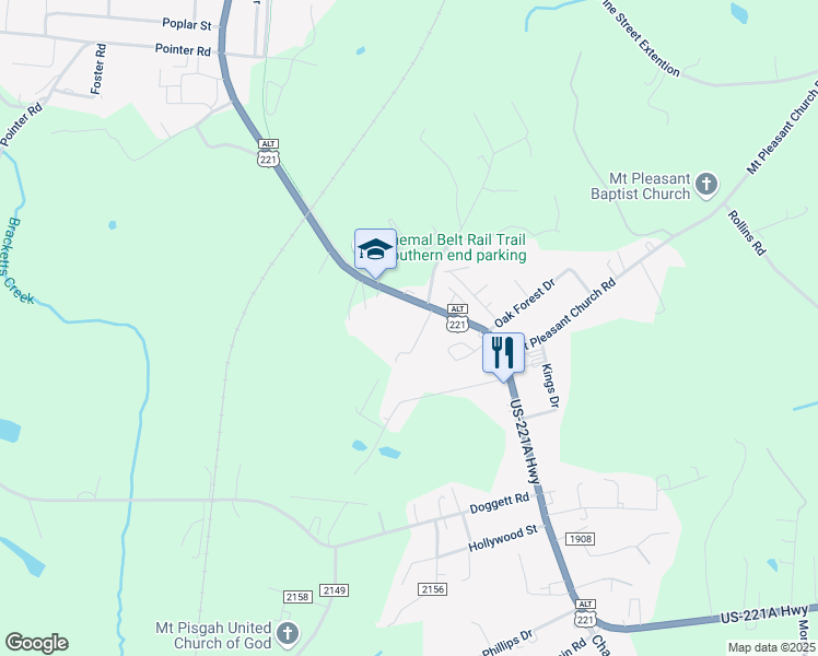 map of restaurants, bars, coffee shops, grocery stores, and more near 155 Fish Camp Road in Forest City