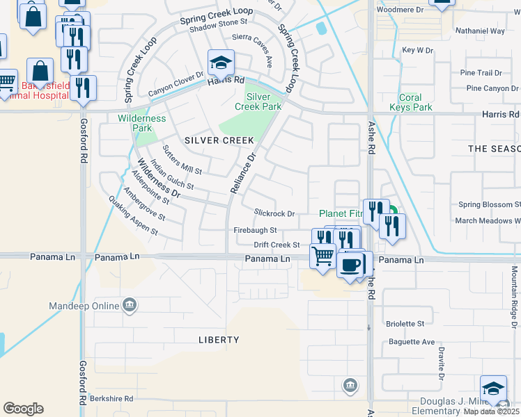 map of restaurants, bars, coffee shops, grocery stores, and more near 7018 Slickrock Drive in Bakersfield