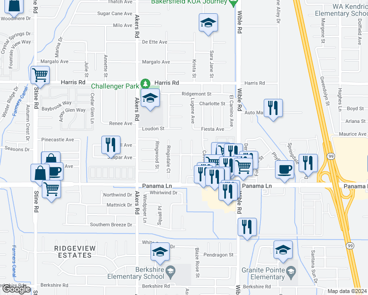 map of restaurants, bars, coffee shops, grocery stores, and more near 6200 Castlepoint Street in Bakersfield