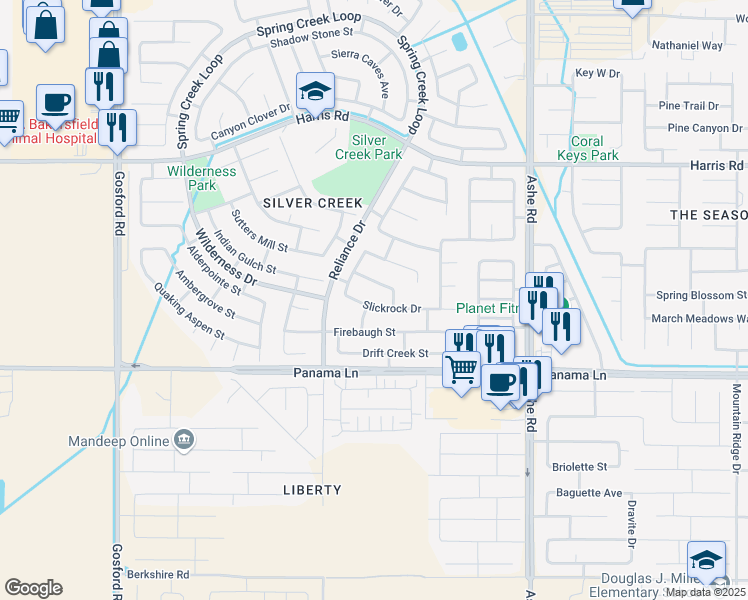 map of restaurants, bars, coffee shops, grocery stores, and more near 7018 Slickrock Drive in Bakersfield