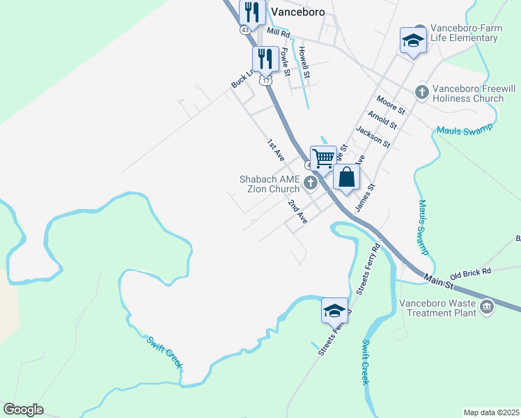 map of restaurants, bars, coffee shops, grocery stores, and more near 224 College Street in Vanceboro