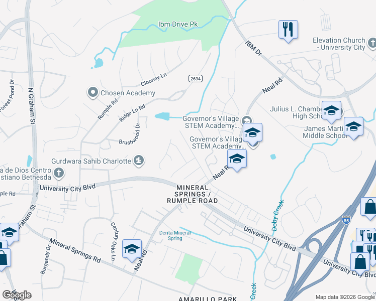 map of restaurants, bars, coffee shops, grocery stores, and more near 1409 Chimney Rock Court in Charlotte