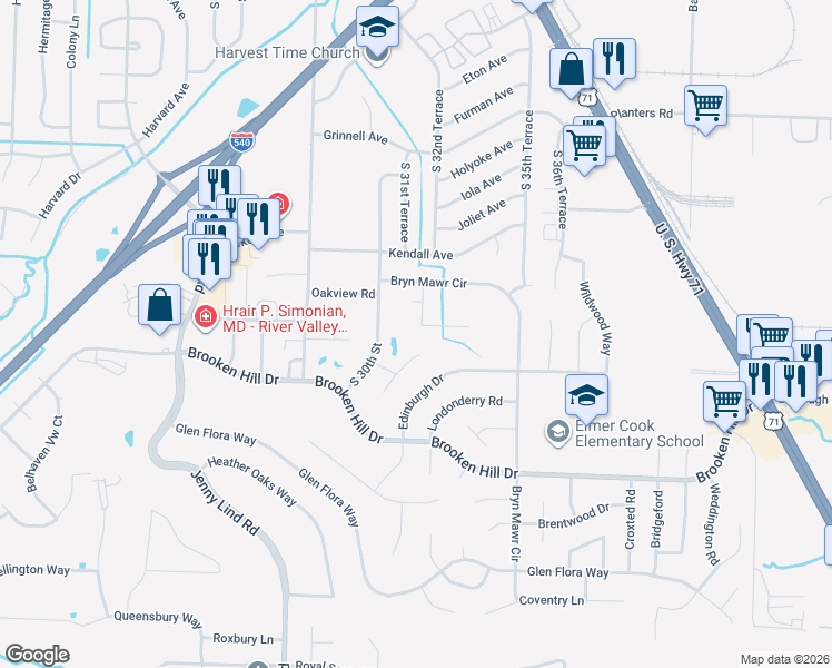 map of restaurants, bars, coffee shops, grocery stores, and more near 8930 Stoney Hedge Drive in Fort Smith