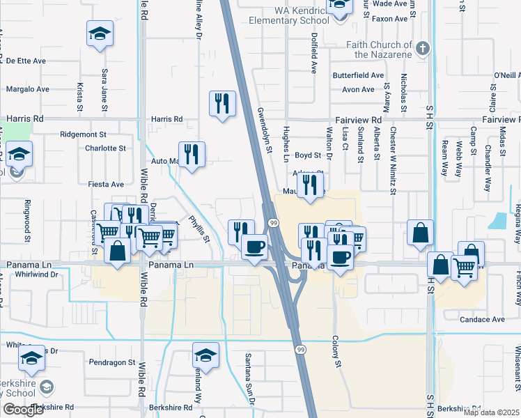 map of restaurants, bars, coffee shops, grocery stores, and more near 6204 Dennen Street in Bakersfield