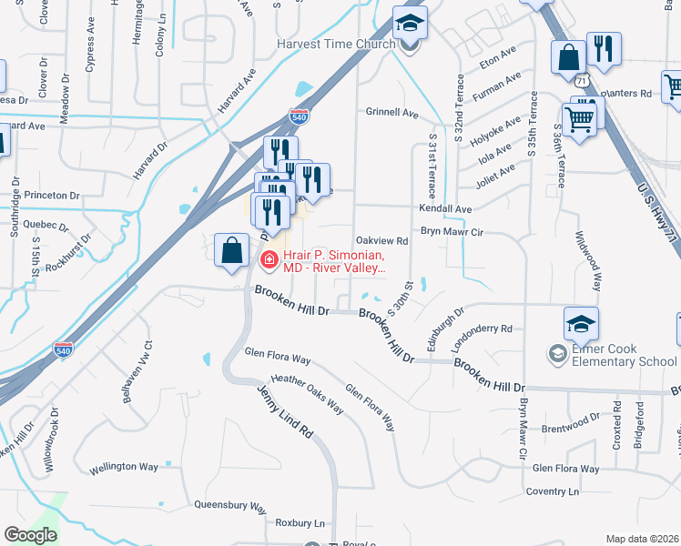 map of restaurants, bars, coffee shops, grocery stores, and more near 2712 Oakview Road in Fort Smith