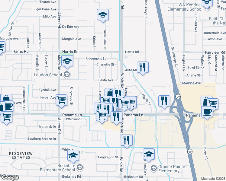 map of restaurants, bars, coffee shops, grocery stores, and more near 6201 Wible Road in Bakersfield