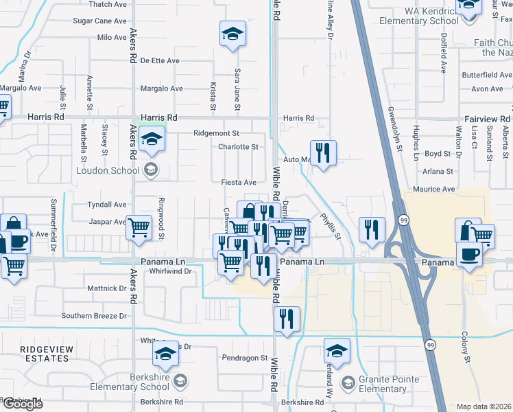 map of restaurants, bars, coffee shops, grocery stores, and more near 6201 Wible Road in Bakersfield