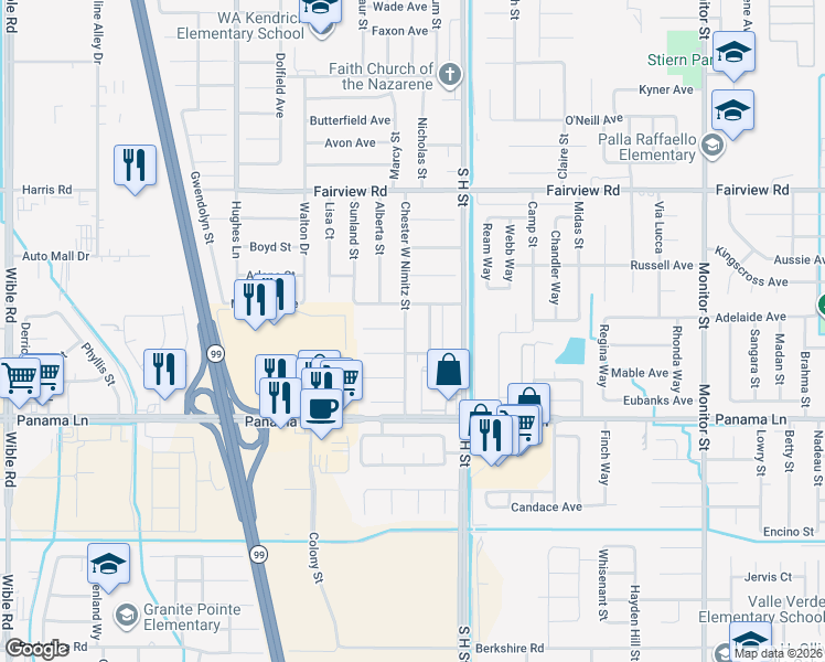 map of restaurants, bars, coffee shops, grocery stores, and more near 6212 Chester W Nimitz Street in Bakersfield