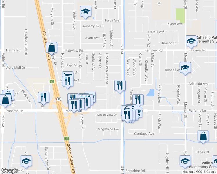 map of restaurants, bars, coffee shops, grocery stores, and more near 6212 Chester W Nimitz Street in Bakersfield