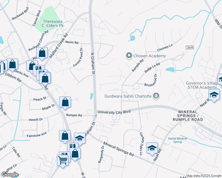 map of restaurants, bars, coffee shops, grocery stores, and more near 6661 Rumple Road in Charlotte