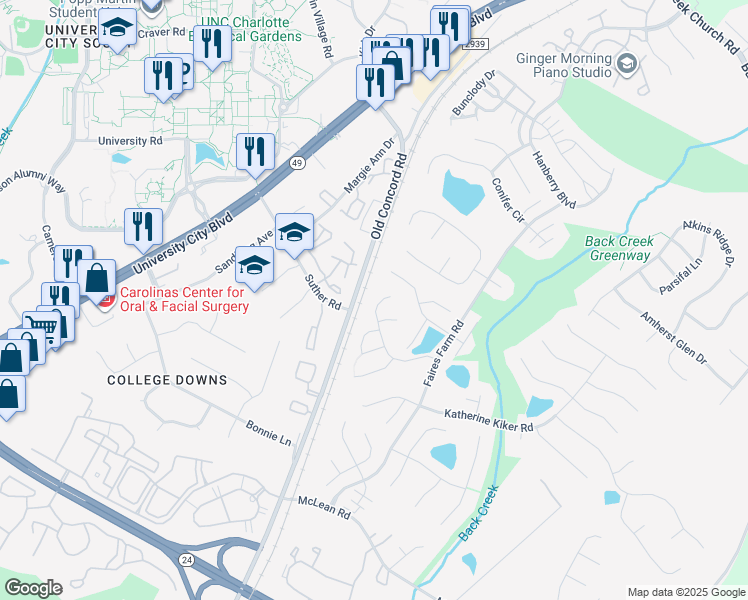 map of restaurants, bars, coffee shops, grocery stores, and more near 1539 Gordon Walters Drive in Charlotte