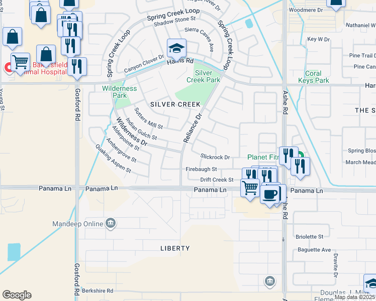 map of restaurants, bars, coffee shops, grocery stores, and more near 6311 Lone Peak Drive in Bakersfield
