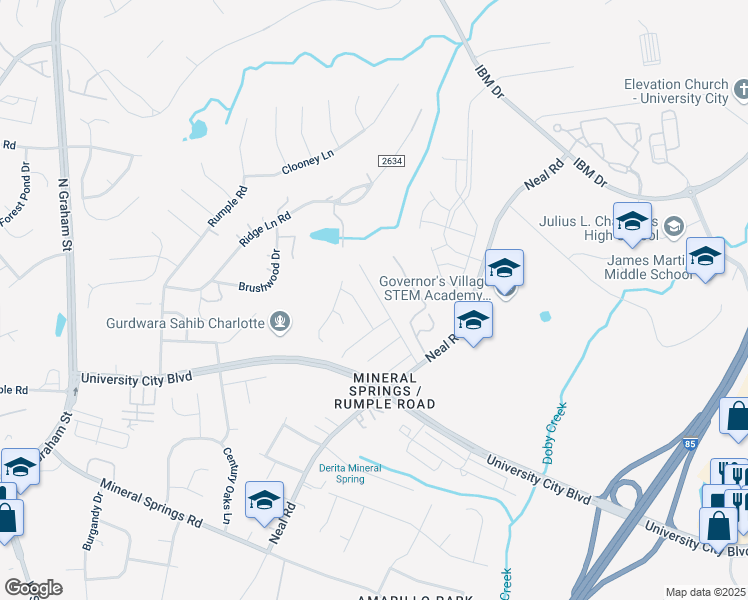 map of restaurants, bars, coffee shops, grocery stores, and more near 1507 Rumstone Lane in Charlotte